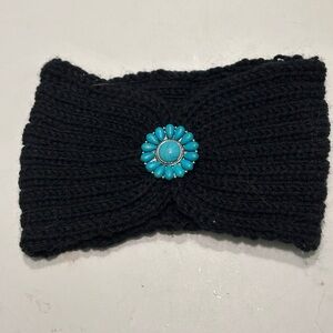 Black and Blue Knit Hair Accessory with Floral Accent